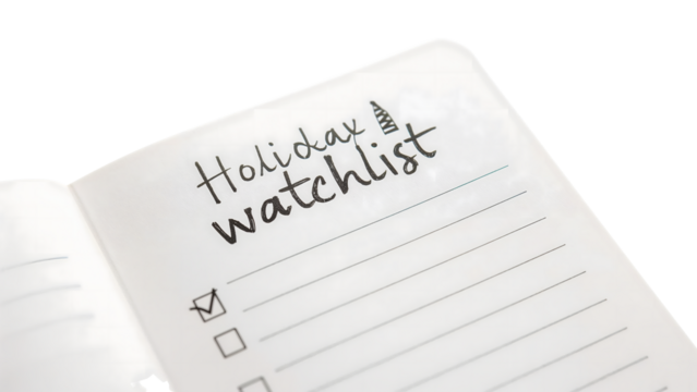 Holiday watchlist notebook with checkboxes for planning and organizing seasonal activities