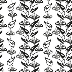 Fototapeta premium Art nouveau style floral seamless pattern. Black and white flowers and leaves on a white background, vector.