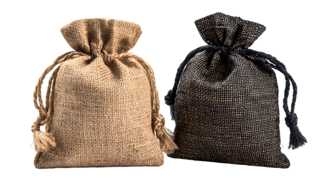 Beige and Black Burlap Pouches with Drawstrings on White Background
