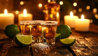 Tequila shots with limes and salt, surrounded by candles in a warm, inviting setting.