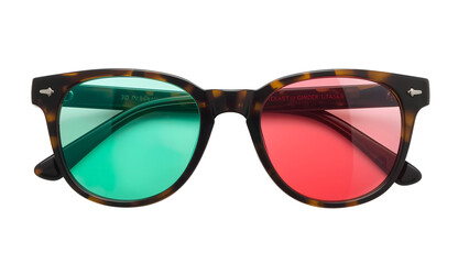 Stylish tortoiseshell 3d anaglyph glasses with iconic red and green lenses on isolated background