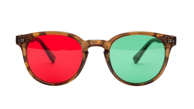 Stylish dualtoned glasses with red and green lenses isolated on isolated background