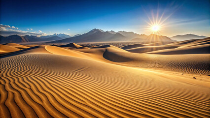 Naklejka premium Desert Sand Dunes Sunset Background – Golden Hour, Landscape, Nature, Horizon, Arid, Minimalist, Travel, Dry, Desert Scene, Tranquil, Scenic, Sunlight, Texture, Sand Patterns, Wilderness