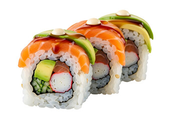 Close-up view of three sushi rolls.