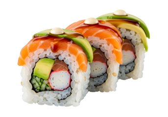 Close-up view of three sushi rolls.