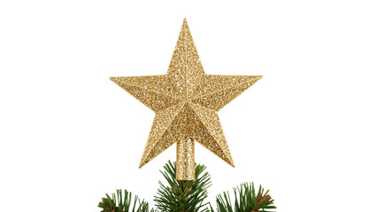Glittering gold star tree topper on greenery  festive holiday decoration