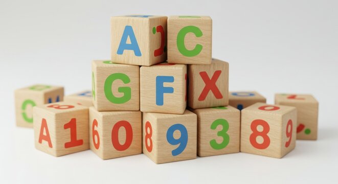 Wooden alphabet and number blocks stacked and scattered, displaying colorful letters and numerals on a white backdrop, a classic educational toy