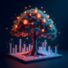 Tree of Stock Tickers and Crypto Coins Growing from Laptop Keyboard — Surreal Digital Investment Growth Concept Art