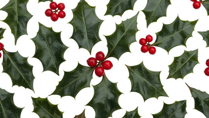 Festive holly leaves and red berries pattern for holiday decoration background