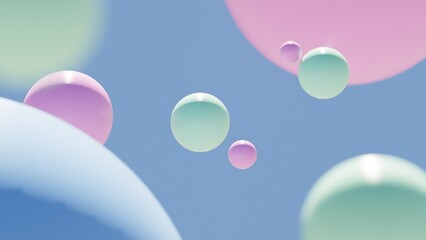 Abstract colorful blue, pink, turquoise balls. Chaotic scatter spheres. Festive party wallpaper. 3d render creative background.