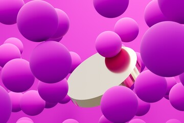 Abstract colorful pink balls with gold podium. Chaotic scatter spheres. Festive party wallpaper. 3d render creative background.