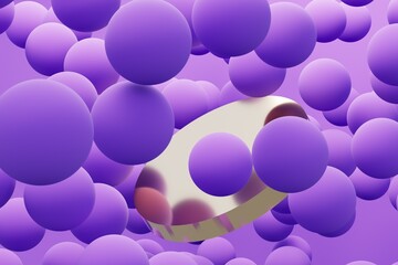 Abstract colorful violet balls with gold podium. Chaotic scatter spheres. Festive party wallpaper. 3d render creative background.