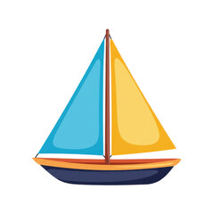 Colorful sailboat with blue and yellow sails on a calm sea, ideal for nautical-themed designs