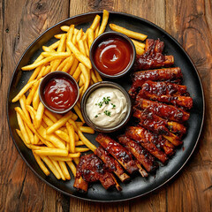 round plate with appetizing food on a wooden table, top view of ribs, french fries, sauce, ketchup, greens