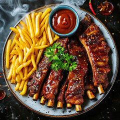 round plate with appetizing food on a wooden table, top view of ribs, french fries, sauce, ketchup, greens