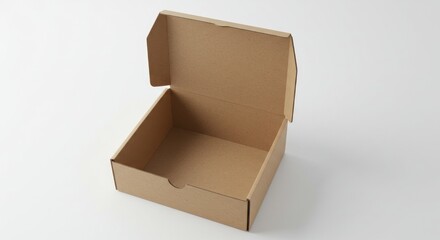 A plain, opened square-shaped corrugated cardboard box is angled towards the viewer, revealing its empty interior against a white backdrop