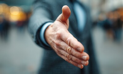 An image of a businessman's outstretched palm, suitable for corporate business cooperation promotional posters, PPT opening pages, workplace training illustrations, and recruitment pages.