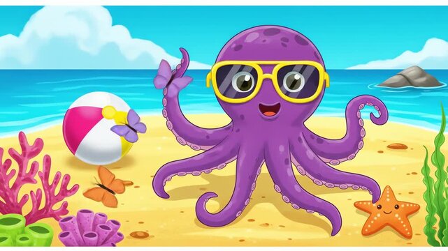 Purple octopus enjoying a beach day