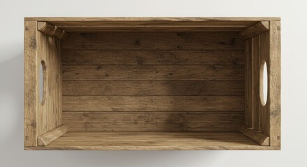 Empty wooden crate, top view, light brown hue, simple design, with visible wood grain and handles