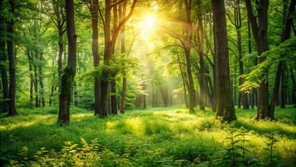 Obraz premium Sunlight Through Green Forest – Natural Light Rays, Forest Landscape, Peaceful Nature Scene, Eco Background, Morning Walk in Woods