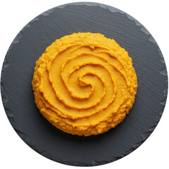 Vibrant orange spiral-shaped food presentation on a dark slate plate, highlighting culinary artistry