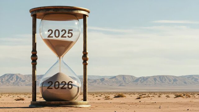 Hourglass counting down from 2025 to 2026 against desert backdrop.