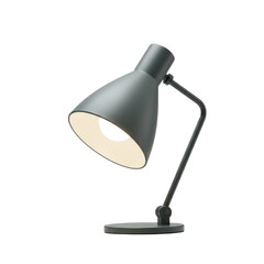 Modern desk lamp illuminating workspace with minimalist design against a plain background