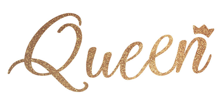 Queen png, gold glittery calligraphy digital sticker in transparent background