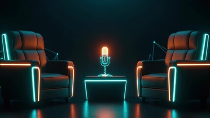 A modern podcast studio featuring two futuristic chairs illuminated with neon lights a glowing microphone at the center and a dark background creating a vibrant engaging atmosphere for discussions - Powered by Adobe