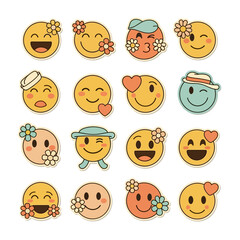 Naklejka premium Cheerful retro emoji character stickers with various happy facial expressions, featuring nostalgic colors and whimsical flower details for joyful communication.
