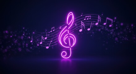 Glowing neon pink treble clef with musical notes on a curved staff, surrounded by sparkling particles, against a dark blue background