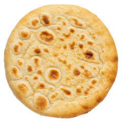 Freshly baked flatbread with a golden crust and unique texture, isolated on white background