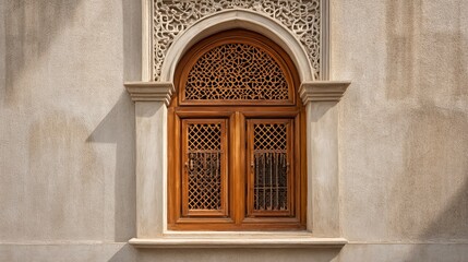 Obraz premium Beautiful wooden window with intricate lattice design set in a textured beige stone wall.