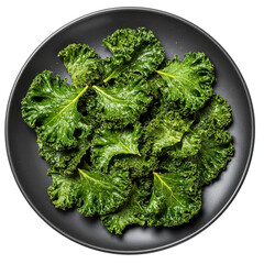 Freshly prepared kale chips on a black plate, showcasing vibrant green colors and texture