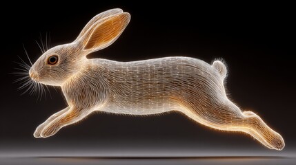 Cute rabbit hopping midair crafted from electric wires in digital art sculpture abstract energy environment
