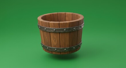 Fototapeta premium A digitally rendered, empty wooden bucket with dark metal bands and rivets, subtly floating against a solid green background. The bucket is cylindrical with visible wood grain