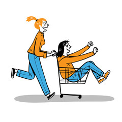 Playful Young Couple Having Fun with a Shopping Cart