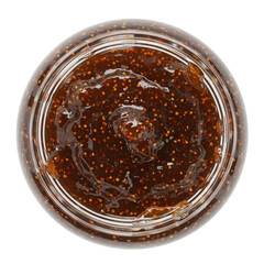 Close-up view of a jar filled with glossy, amber-colored jelly, showcasing its texture and sparkle