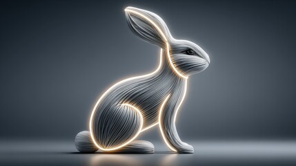 Digital art sculpture of a cute rabbit made from glowing data cables in an abstract environment capturing energy