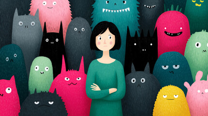 Woman surrounded by weird cartoon monsters in nightmare