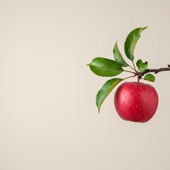 Fresh ripe red apple with water drops hanging on a branch with green leaves. Minimalist studio shot on a neutral background with copy space. Concept for organic fruit, healthy eating, and harvest.