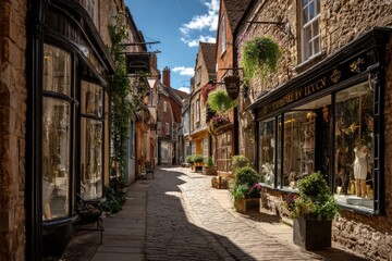Fototapeta premium Sun-drenched cobblestone lane, lined with quaint shops boasting stone facades, hanging baskets, and window displays