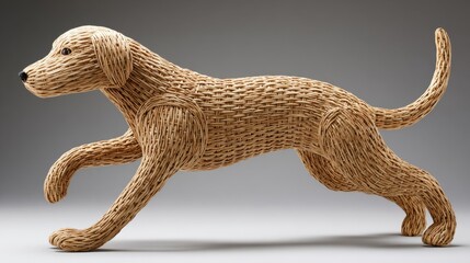 Dynamic rattan dog sculpture in motion cute digital art piece abstract craft energy in a minimalist environment