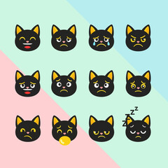 Fototapeta premium A collection of cute black cat head emoticons showing various emotional expressions and moods for character design.