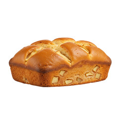 Freshly baked apple loaf cake with visible apple chunks, set against a simple white background