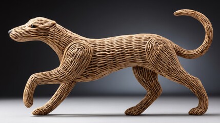Dynamic rattan dog sculpture in motion cute abstract digital art energetic craft figure in a minimalist environment