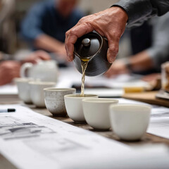 Pouring herbal tea into ceramic cups during a design review with team members observing sketches