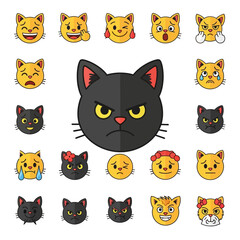 Obraz premium Colorful cat emoji and emoticon collection. Flat design vector icons of funny, sad, angry, and happy kitty faces.
