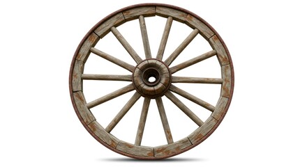 Weathered wooden wagon wheel featuring multiple spokes, a central hub, and rim detail on a clean, white background