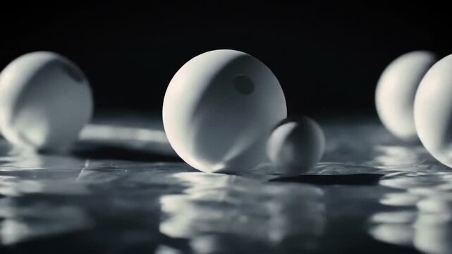 Close-up of multiple white spherical objects of varying sizes arranged on a reflective, textured surface with a dark background.